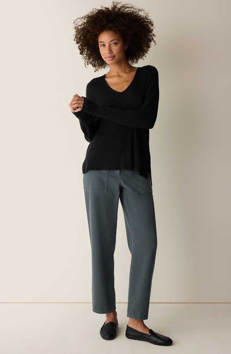 Eileen Fisher Cotton & Tencel<sup>™</sup> lyocell Ribbed V-Neck Sweater, Alternate, color, Black