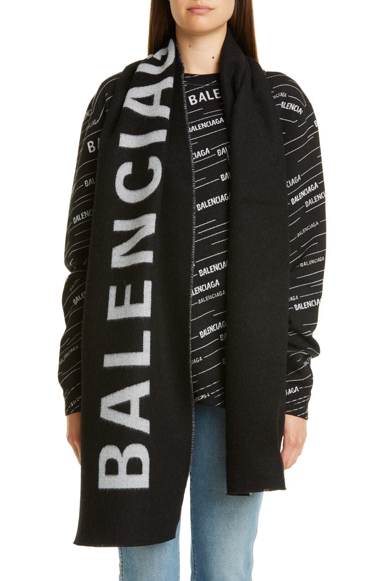 Logo Jacquard Wool Scarf, Alternate, color, BLACK/ WHITE