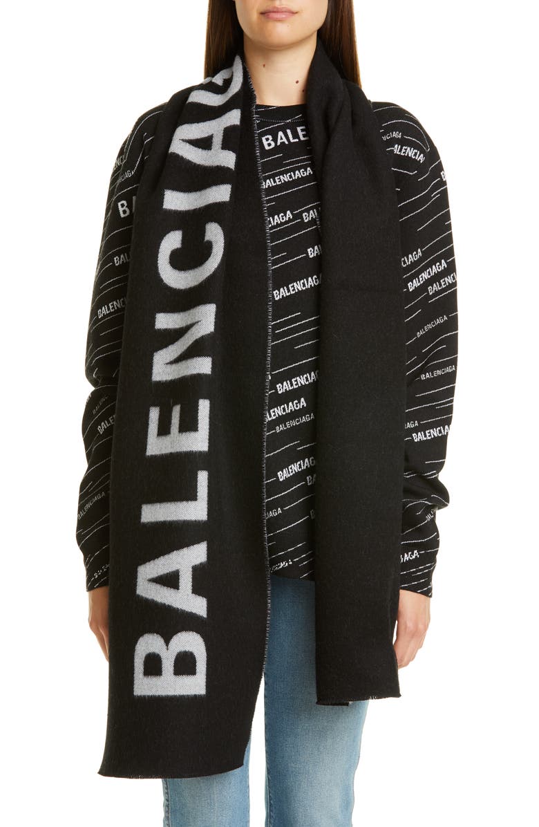 Balenciaga Logo Jacquard Wool Scarf, Alternate, color, 