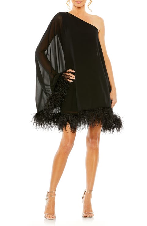 Women's One Shoulder Trapeze Dress with Feather Trim
