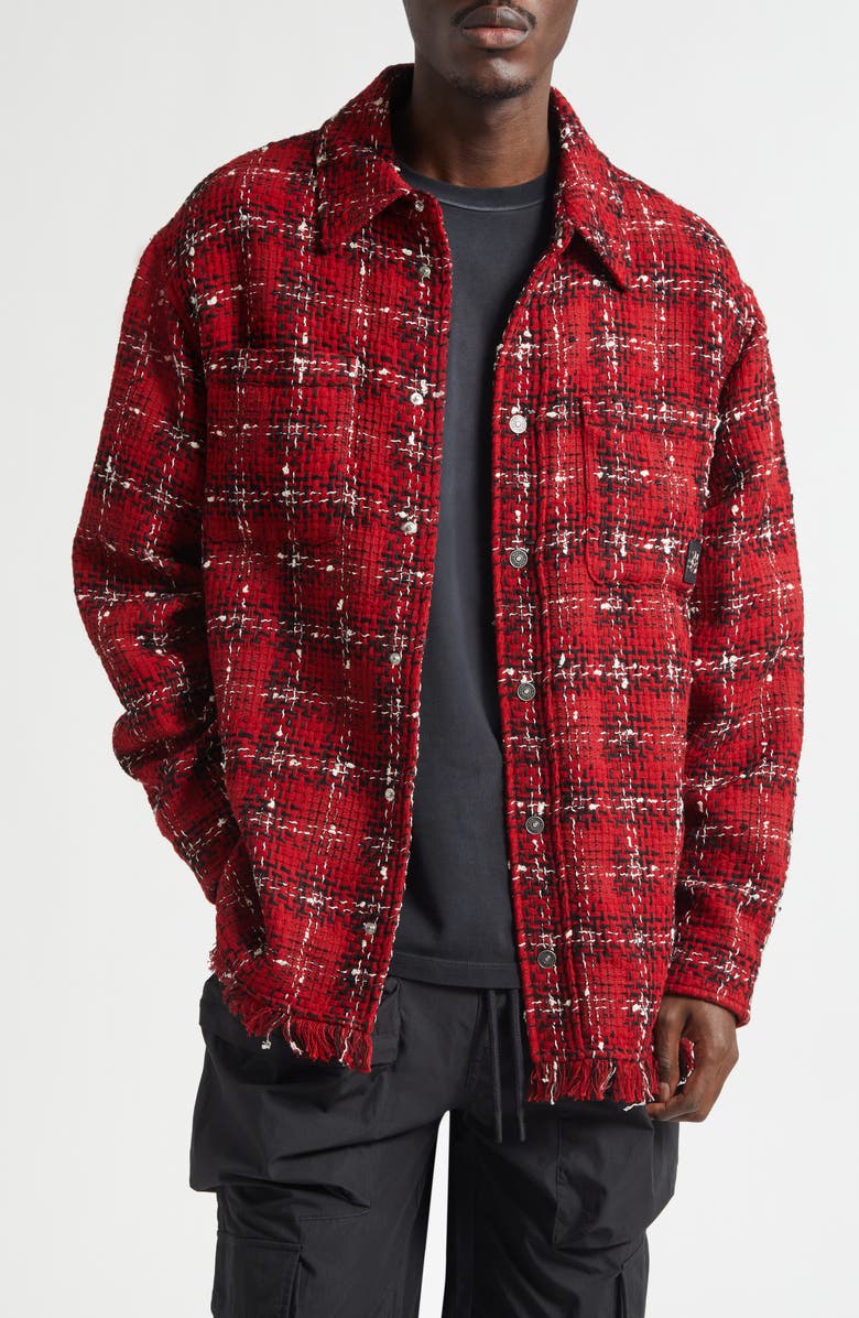 AMIRI Plaid Wool Blend Tweed Overshirt, Main, color, Red Rose