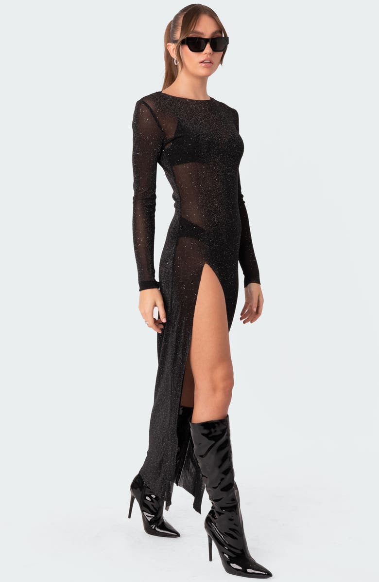 EDIKTED Glitter Mesh Slit Maxi Dress, Alternate, color, Black