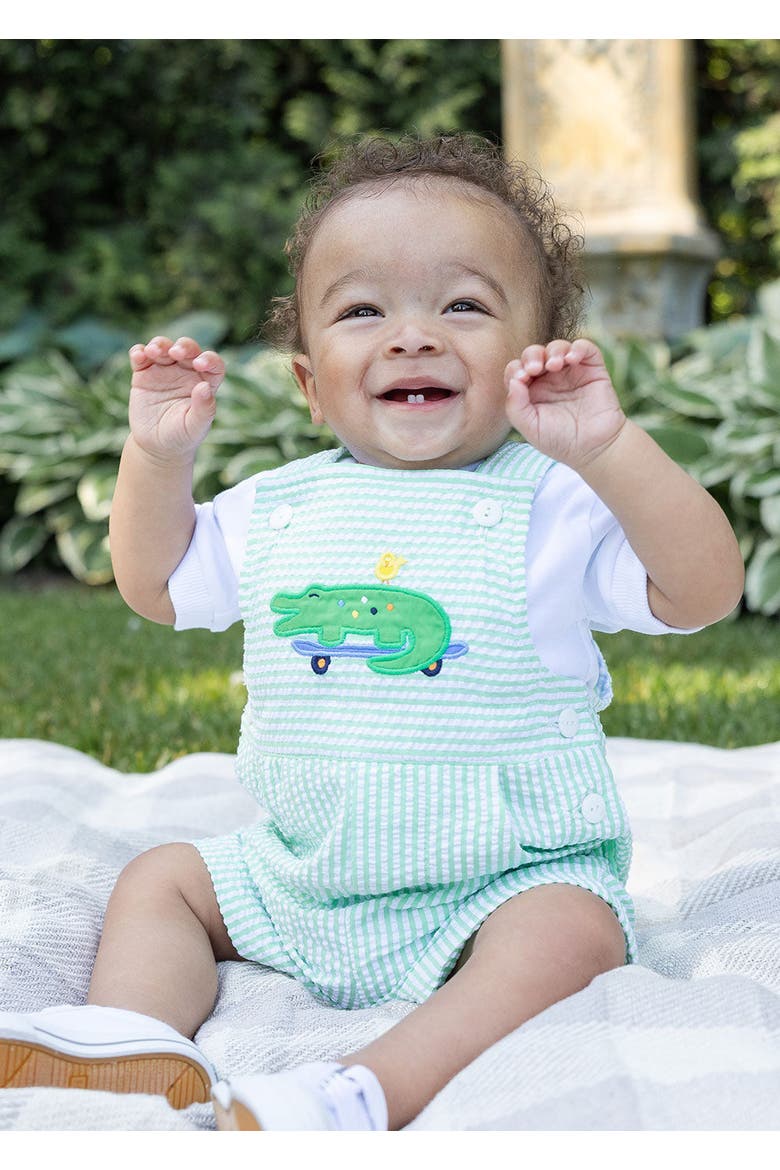 Seersucker Shortall With Skateboarding Gator, Alternate, color, Green / White