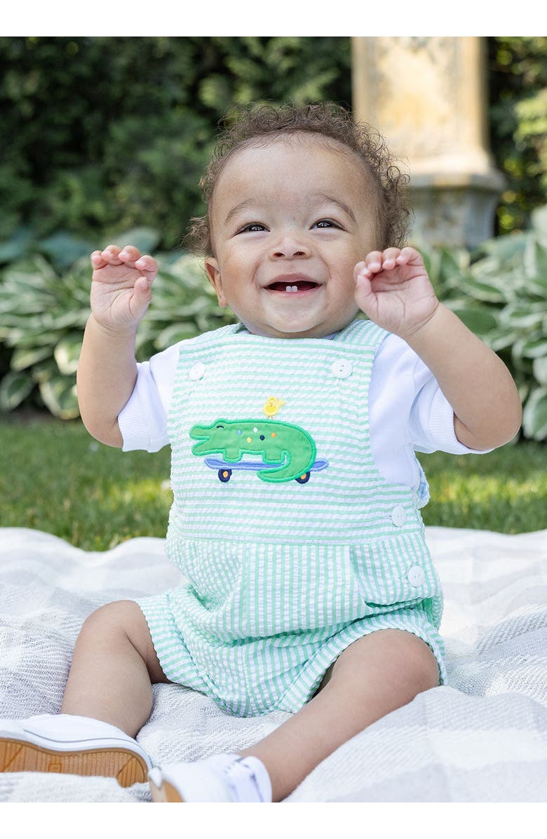 Florence Eiseman Seersucker Shortall With Skateboarding Gator, Alternate, color, Green / White