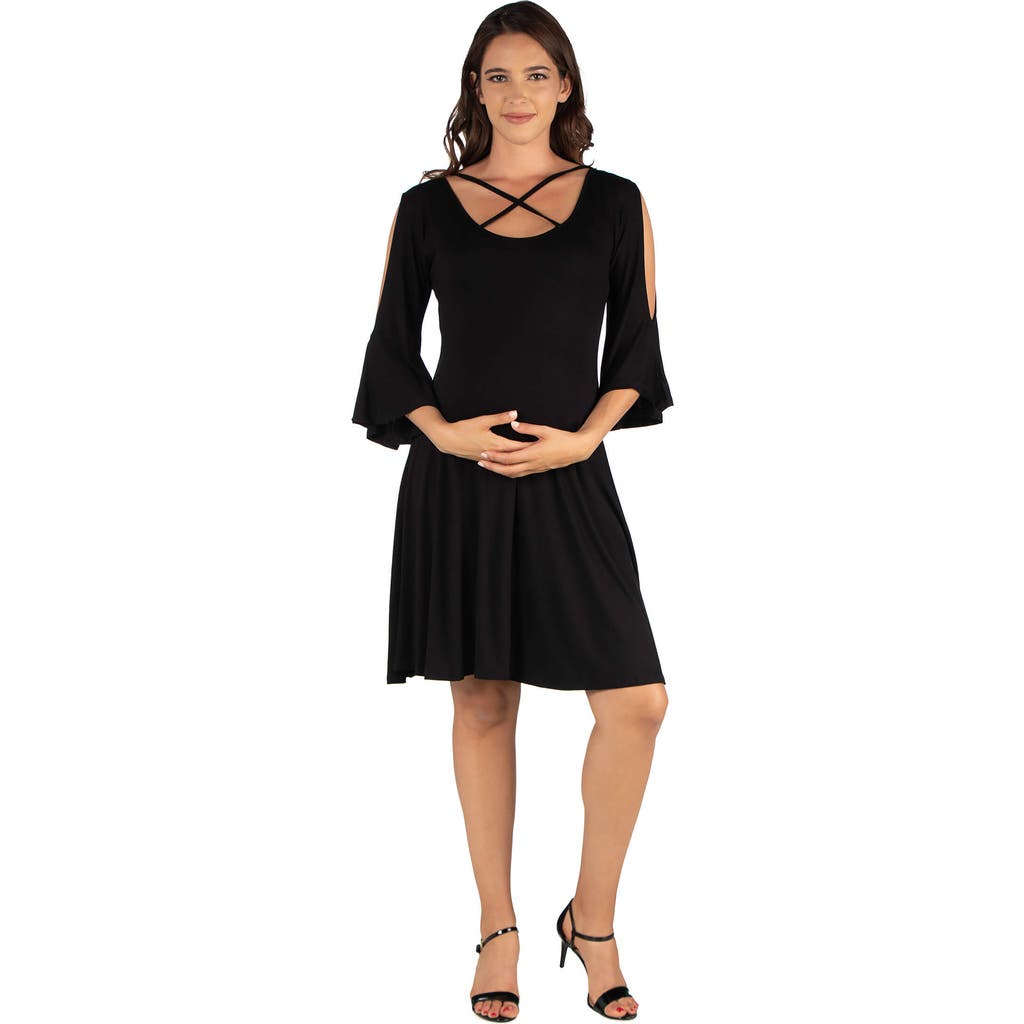 24seven Comfort Apparel Maternity Knee Length Cold Shoulder Dress In Black