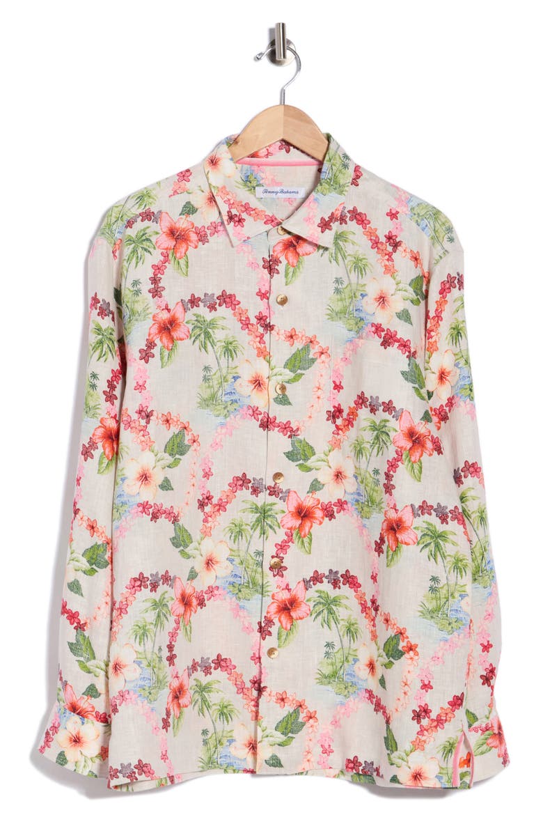 Lei-Z Days Floral Linen Long Sleeve Button Up Shirt, Main, color, CAMEO
