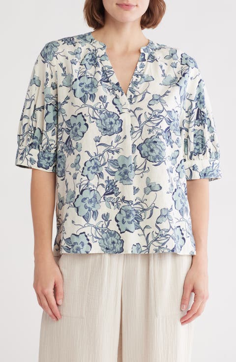 Floral Elbow Sleeve Linen Blend Popover Top