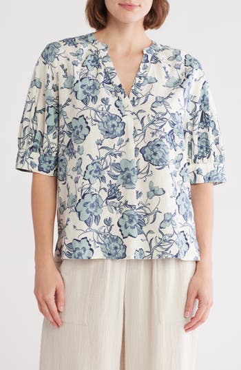 CASLON CASLON® FLORAL ELBOW SLEEVE LINEN BLEND POPOVER TOP 