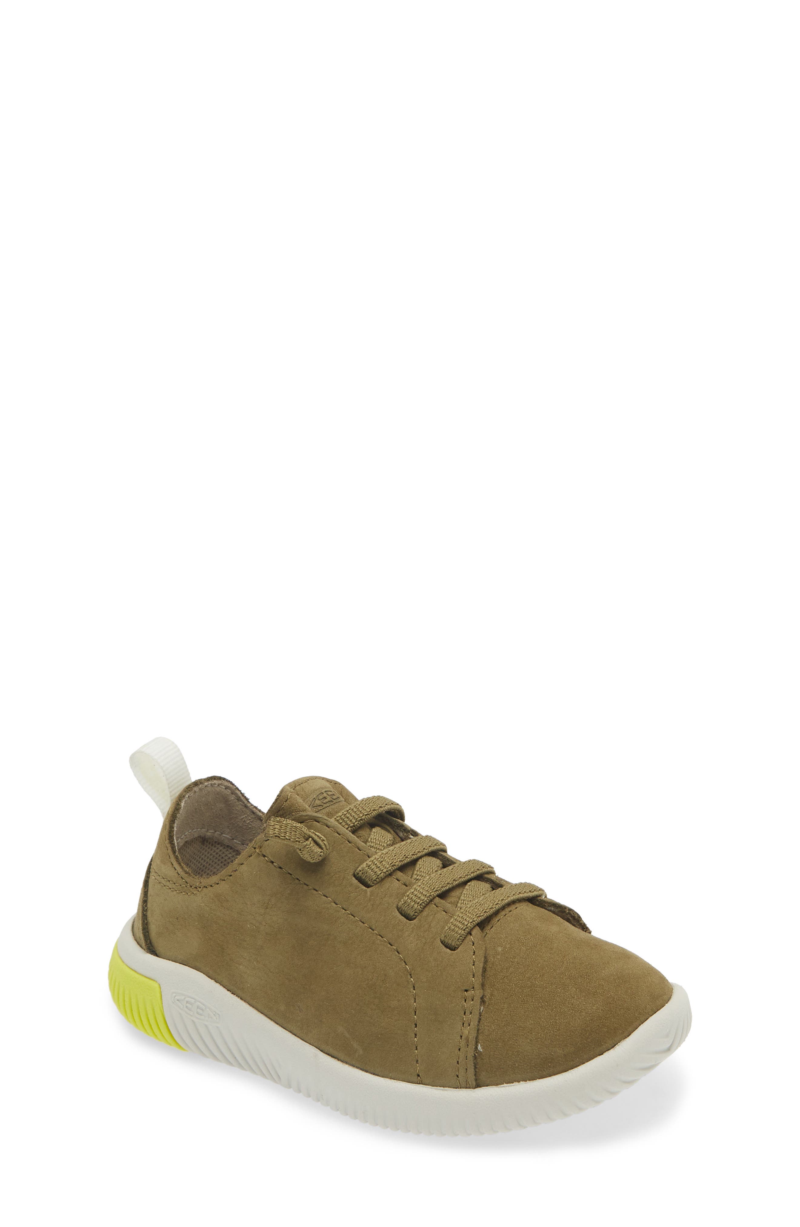 KEEN Kids' KNX Leather Sneaker in Martini Olive/evening Primrose 