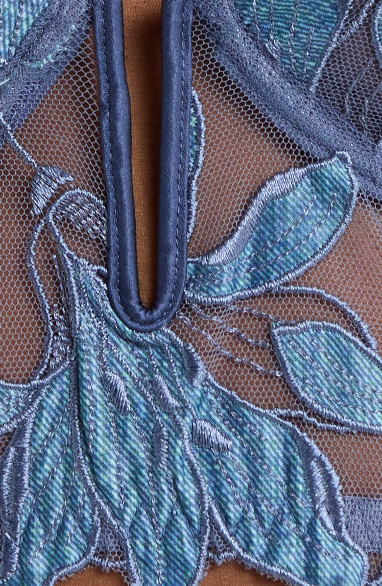 Fleur Du Mal Lily Embroidered Underwire Plunge Longline Demi Bra, Alternate, color, Spring Denim