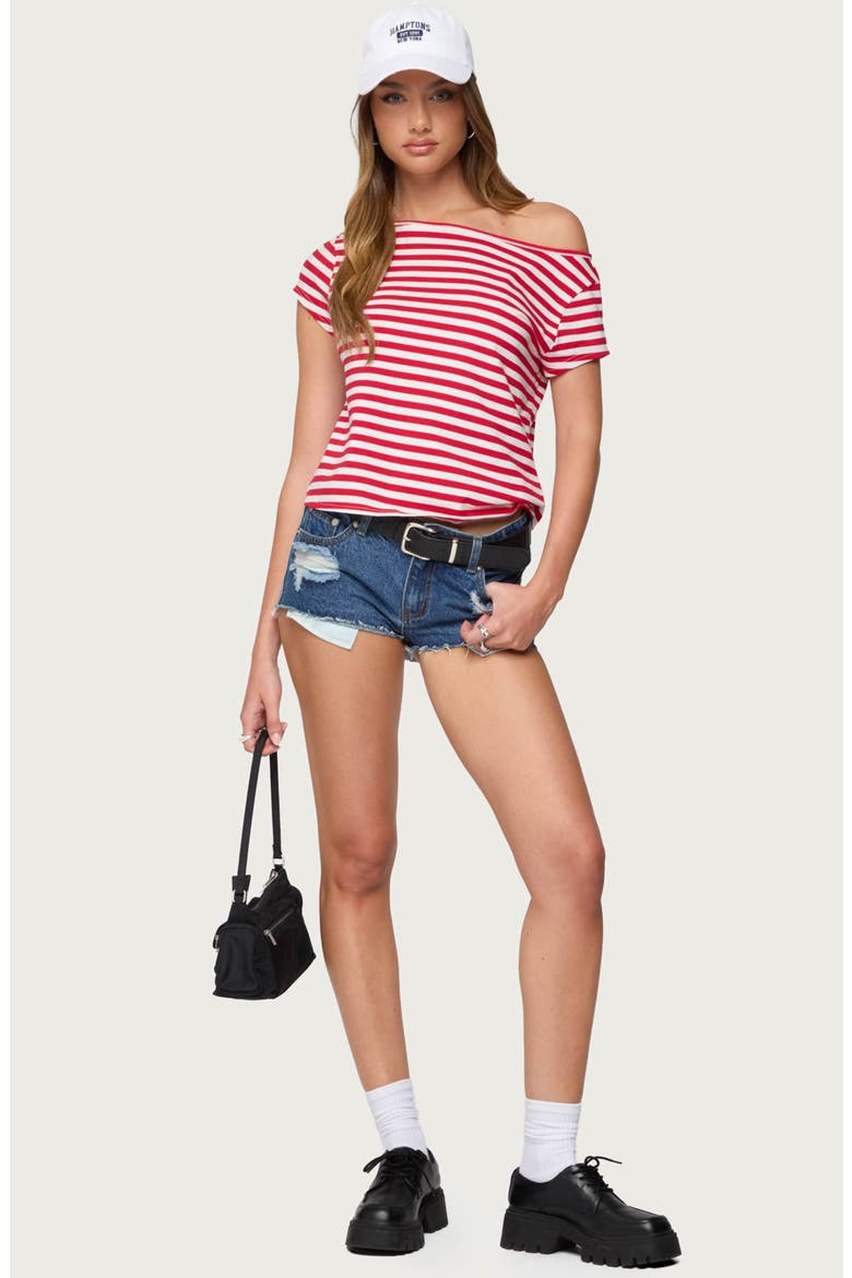 Aretha Stripe Off the Shoulder Stretch Cotton Top, Alternate, color, RED