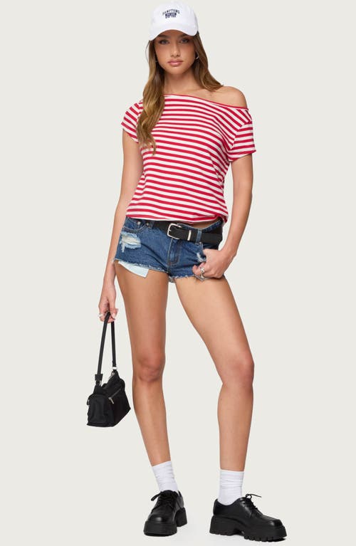 Edikted Aretha Stripe Off The Shoulder Stretch Cotton Top In Red