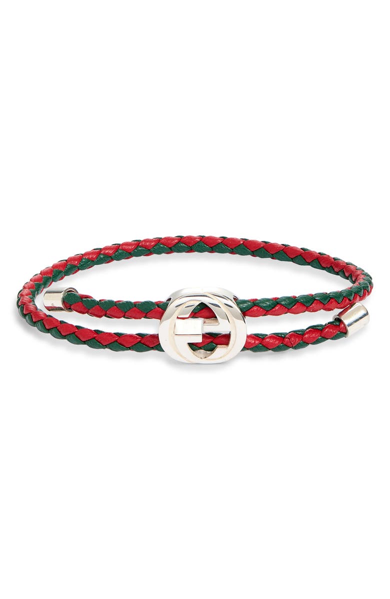 Gucci Web Braided Leather Bracelet, Main, color, Silver