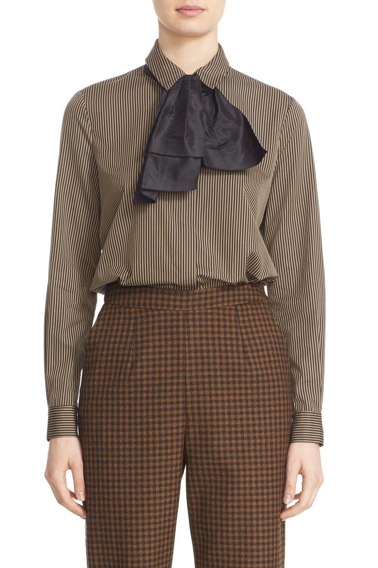 'Classic' Stripe Cotton & Silk Blouse with Taffeta Bow, Main, color, MUDD CLUB