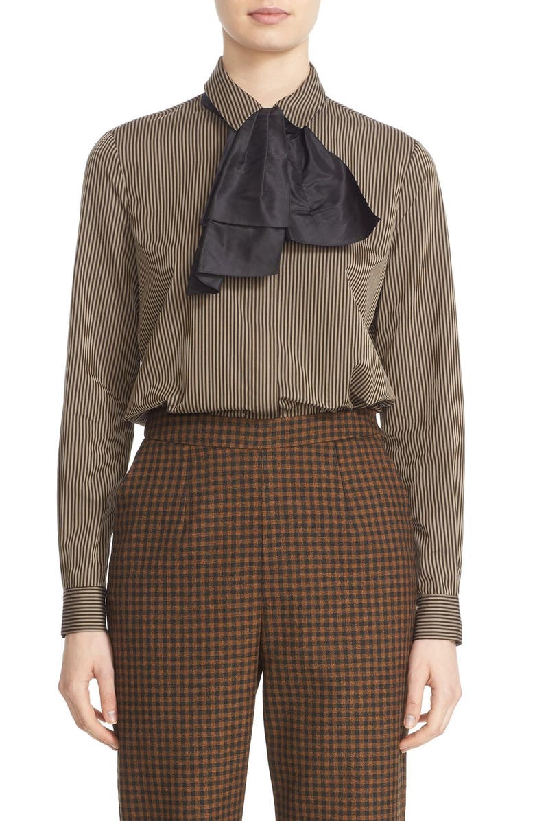 Isa Arfen 'Classic' Stripe Cotton & Silk Blouse with Taffeta Bow, Main, color, 