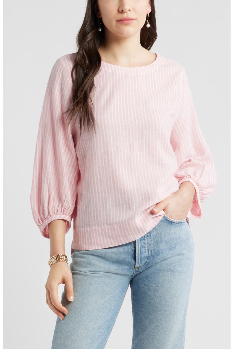 Balloon Sleeve Linen Blend Top, Main, color, PINK- IVORY PENNY STRIPE