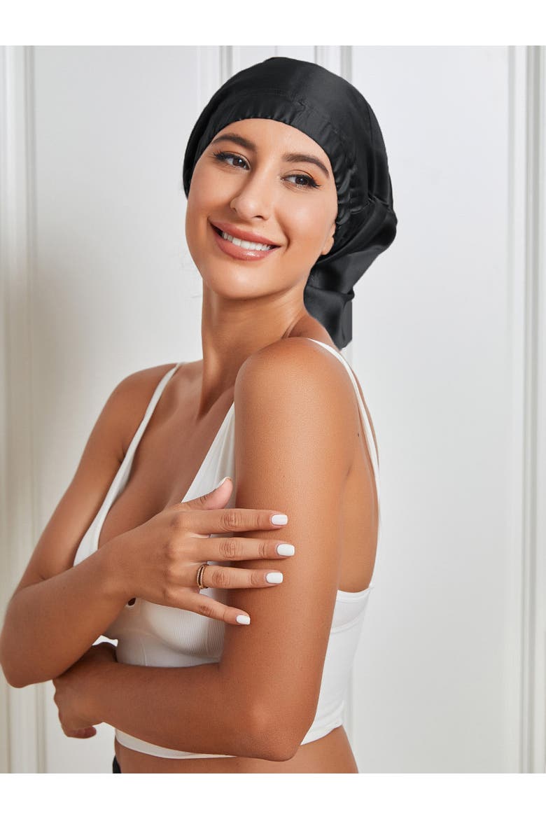 Pure Silk Elasticated Bonnet, Alternate, color, Black