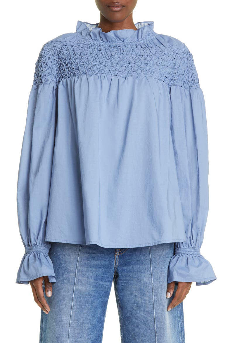 Majorelle Smocked Blouse, Main, color, SLATE BLUE