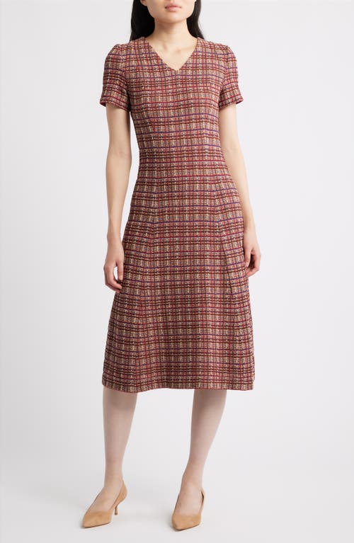 Misook A-line Plaid Multi-stitch Knit Midi Dress In Brown