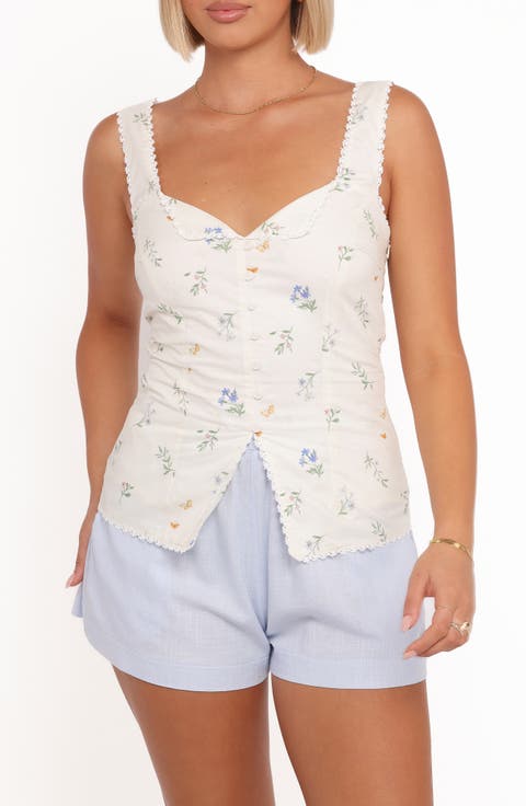 Ana Floral Embroidered Lace Trim Split Front Top