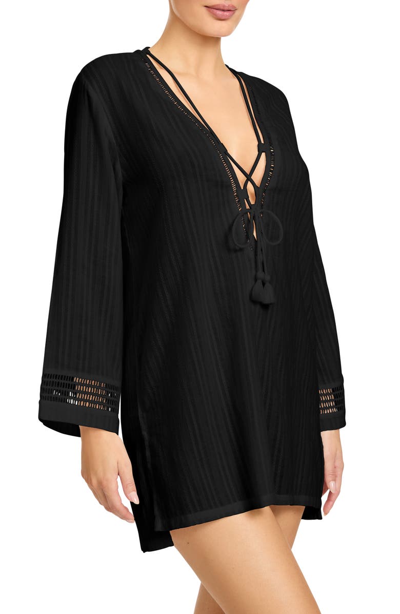 Robin Piccone Marina Lace-Up Cover-Up Tunic, Alternate, color, Black