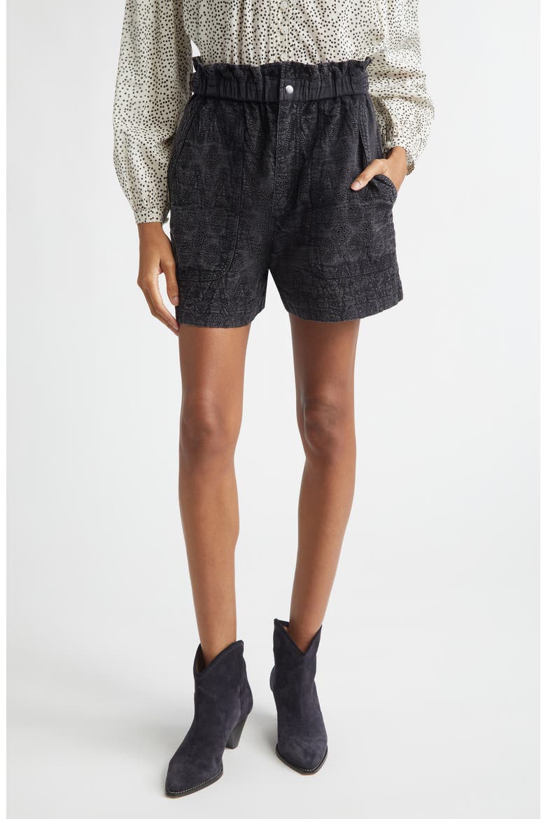 Kisha Embroidered Eyelet Denim Paperbag Shorts, Main, color, FADED BLACK