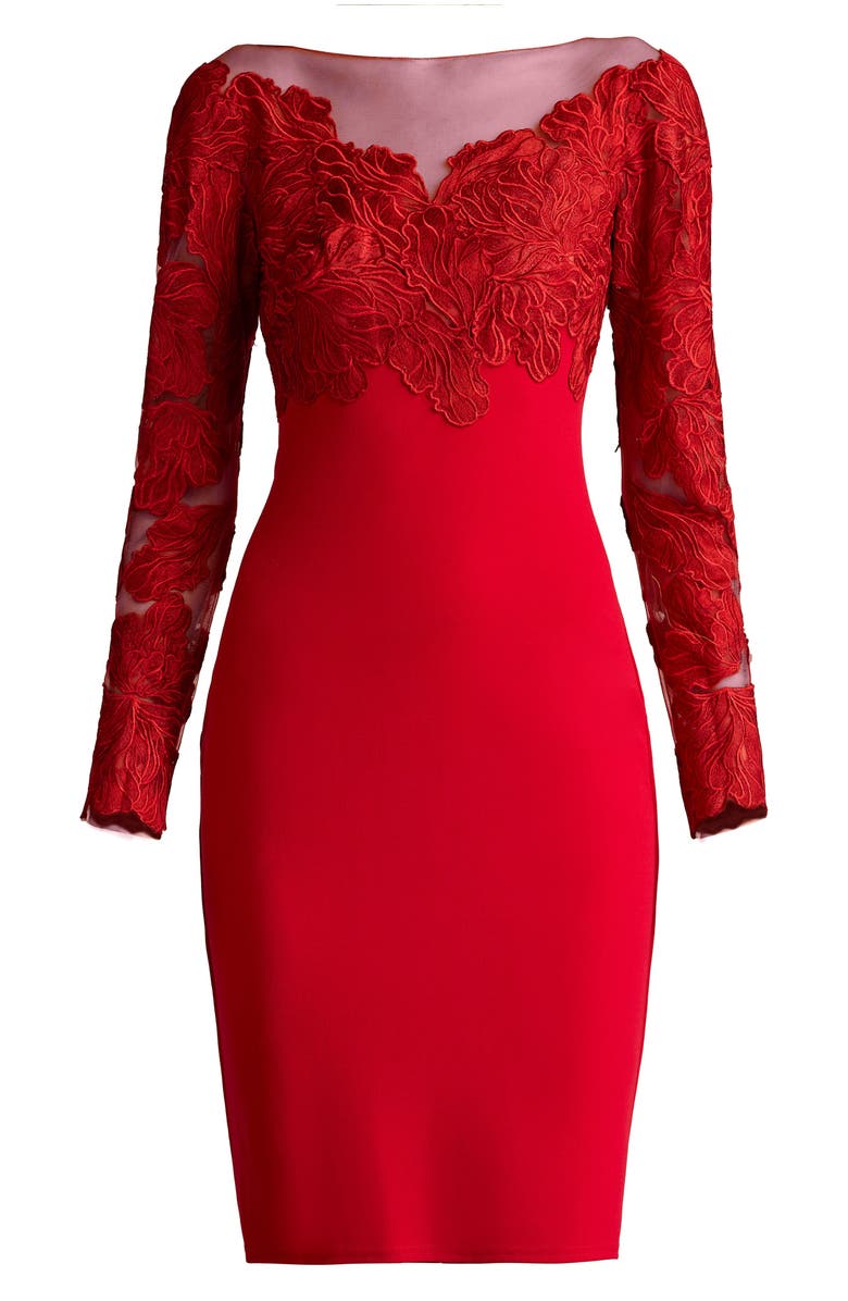 Tadashi Shoji Lace Bodice Long Sleeve Cocktail Sheath Dress, Alternate, color, Cranberry