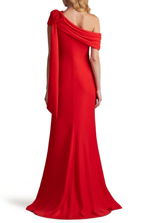 Tadashi Shoji Crepe Gown With Shoulder Bow Sash In Red Rose