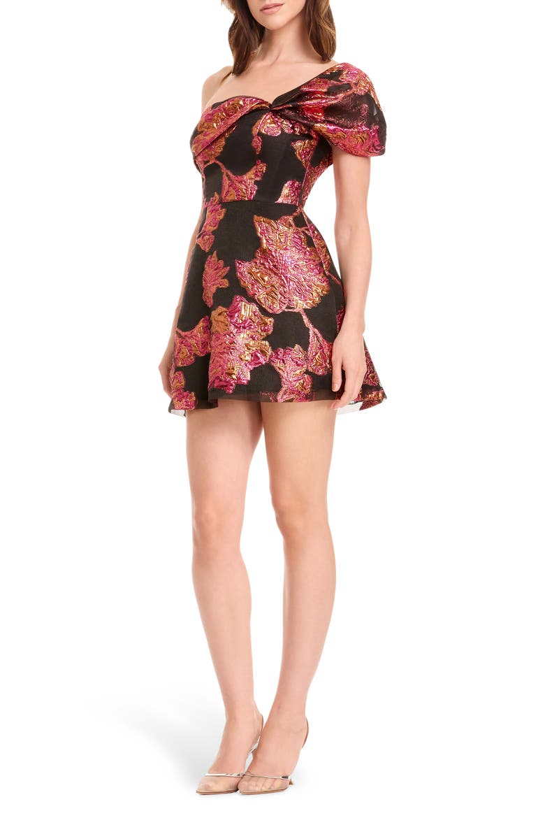 Olive Floral Jacquard Off the Shoulder Cocktail Minidress, Alternate, color, FUCHSIA MULTI