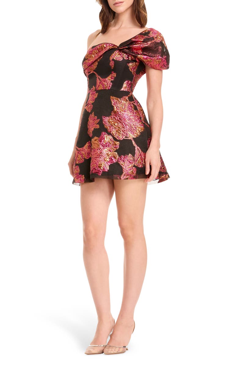Dress the Population Olive Floral Jacquard Off the Shoulder Cocktail Minidress, Alternate, color, Fuchsia Multi