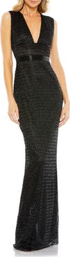 Mac Duggal Beaded Cap Sleeve V Neck Column Gown