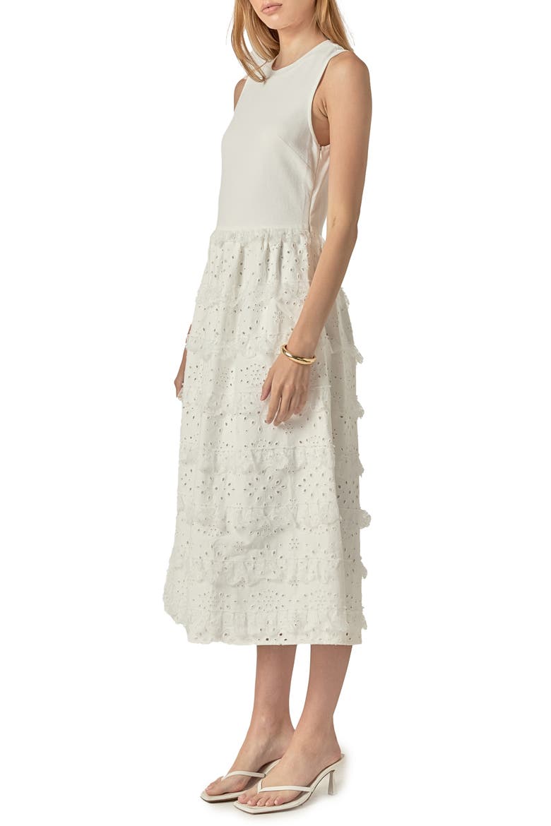 Ruffle & Eyelet Mixed Media Sleeveless Midi Dress, Alternate, color, WHITE