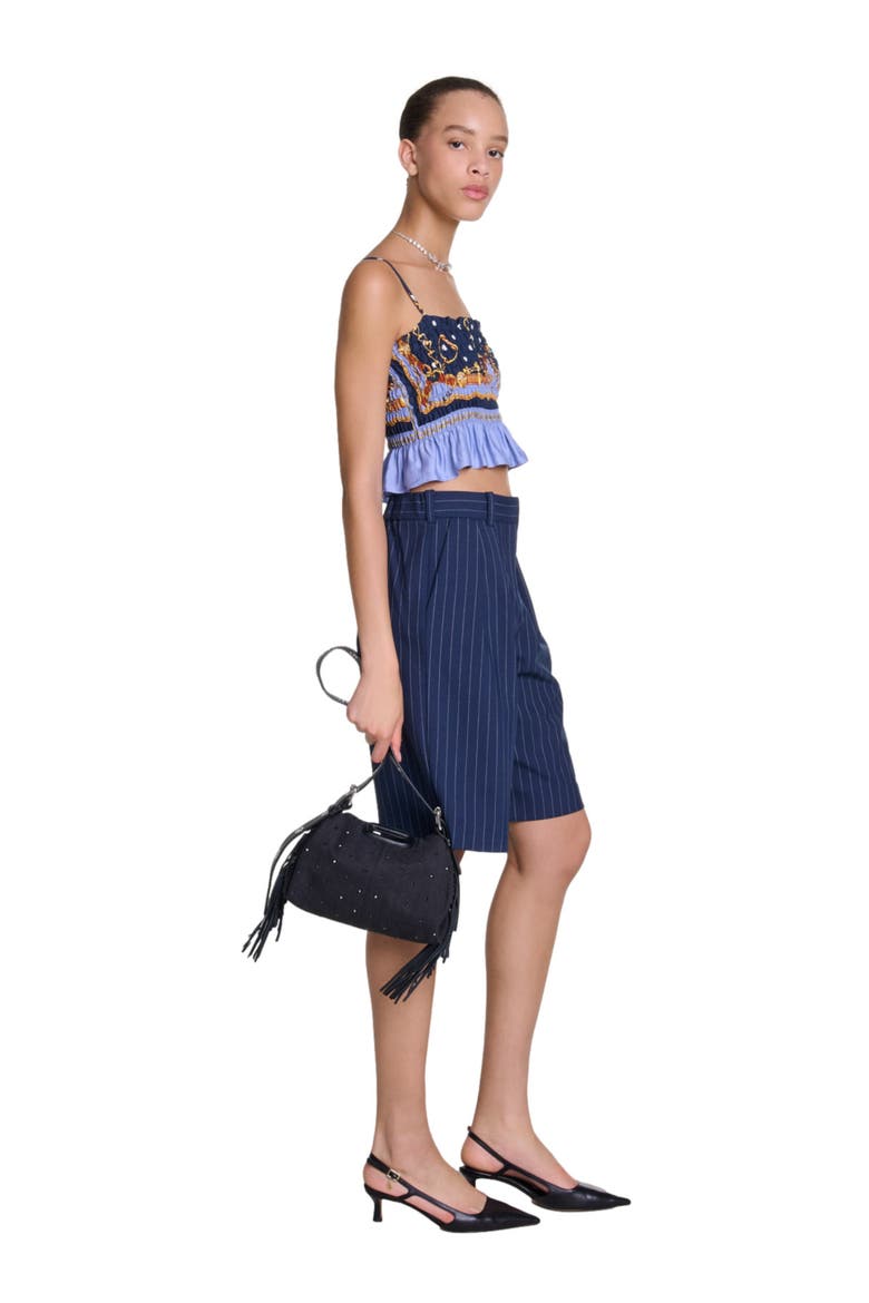 Printed smocked crop top, Alternate, color, Chain scarf print blue
