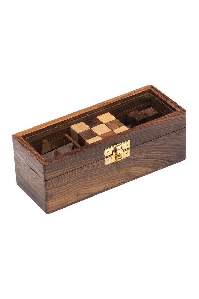 Geometric Puzzle Game Trio Gift Set - Hand Carved Wood, Main, color, Brown