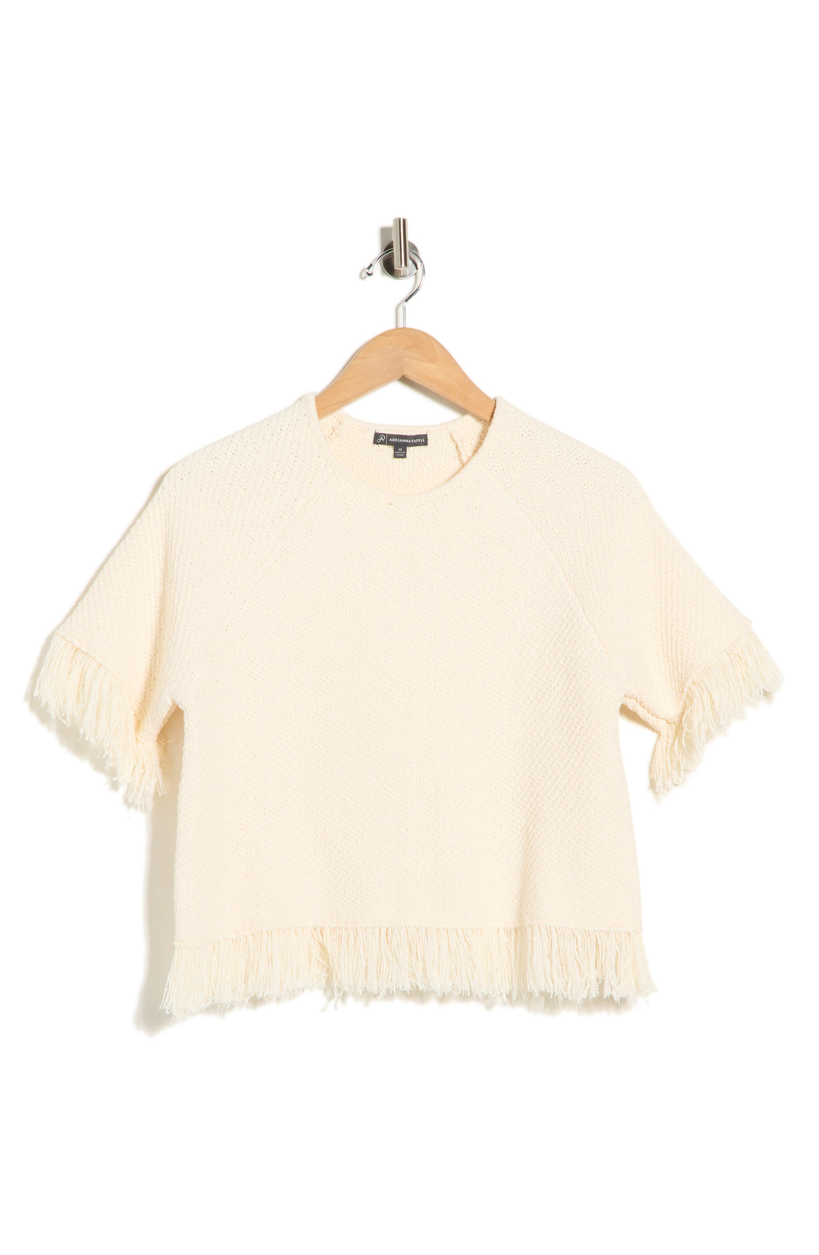 Adrianna Papell Short Sleeve Fringe Sweater