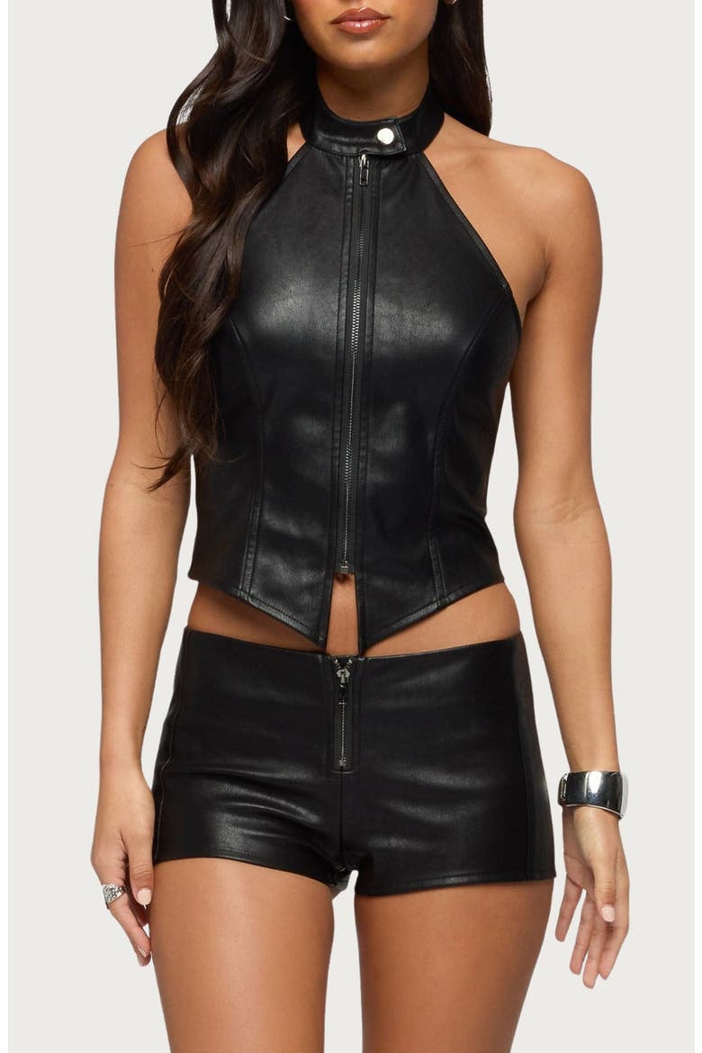 Diana Zip Faux Leather Halter Top, Main, color, BLACK