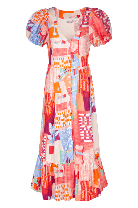Caleo Printed Puffed-Sleeve Midi Dress