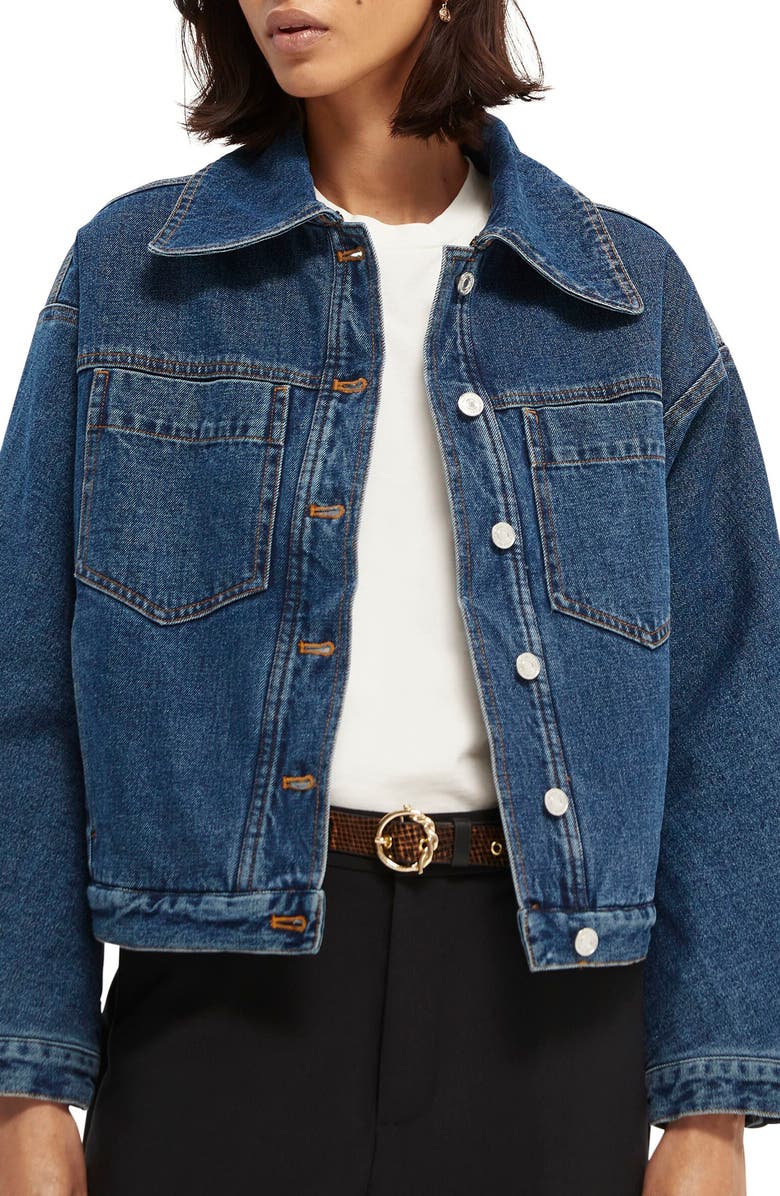 Scotch & Soda Cotton Denim Trucker Jacket with Removable Faux Shearling Collar, Main, color,