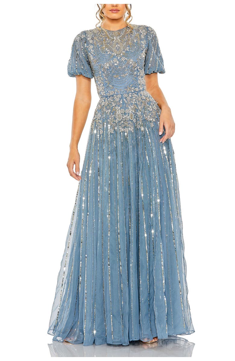 Mac Duggal High Neck Puff Sleeve Embellished A Line Gown, Main, color, Slate Blue