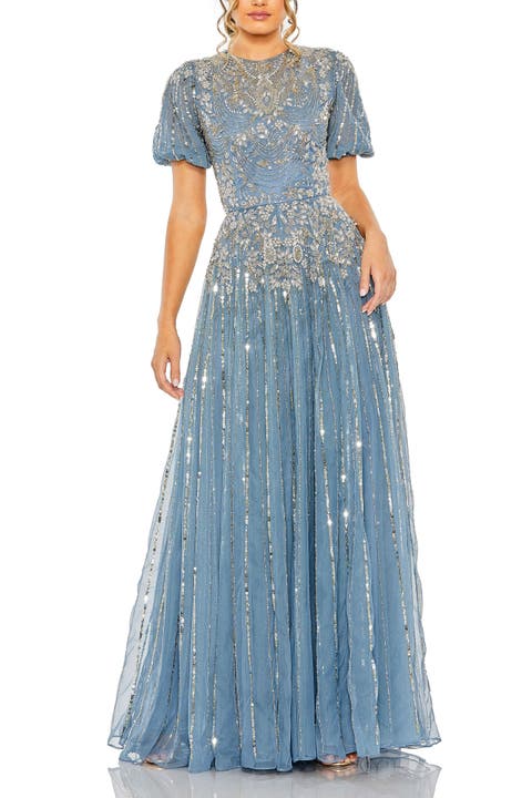 High Neck Puff Sleeve Embellished A Line Gown