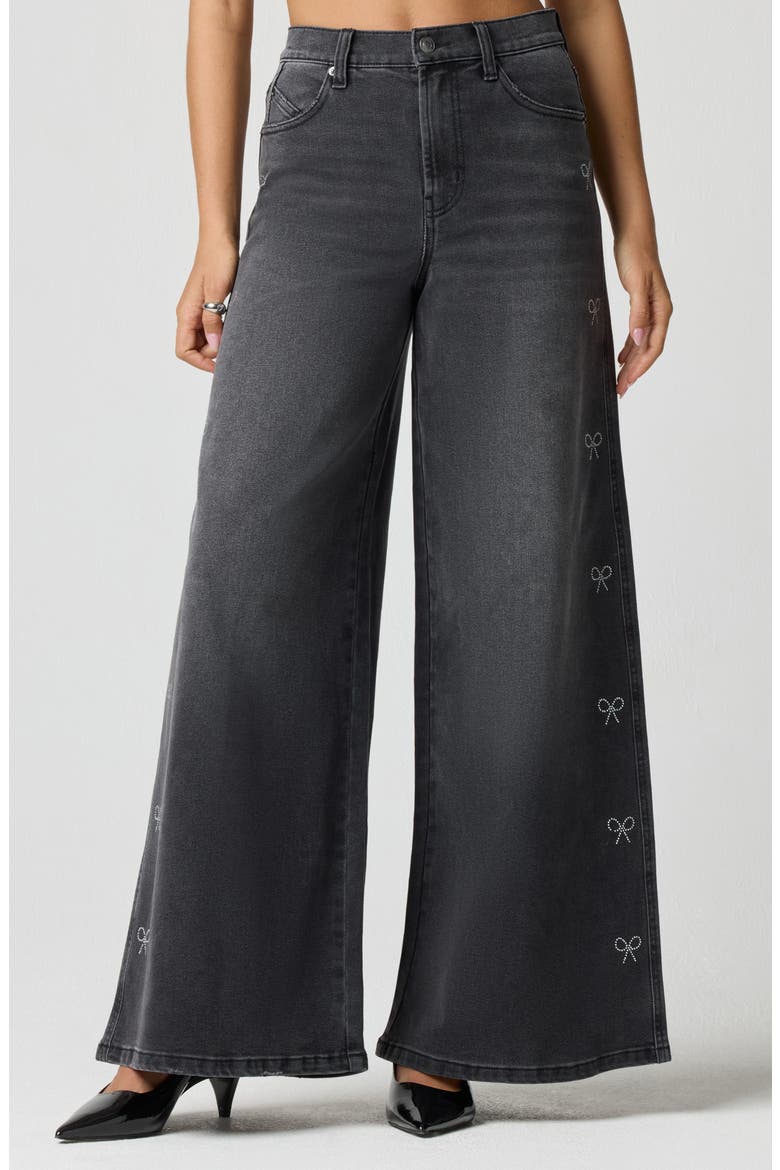 Crystal Bow High Waist Wide Leg Jeans, Main, color, WASHED BLACK