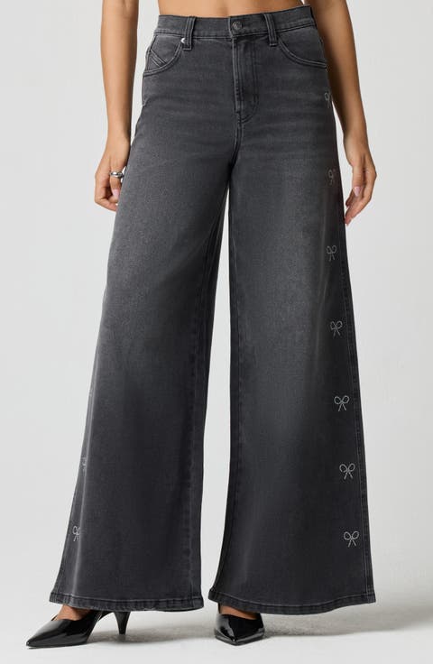 Crystal Bow High Waist Wide Leg Jeans (Washed Black)