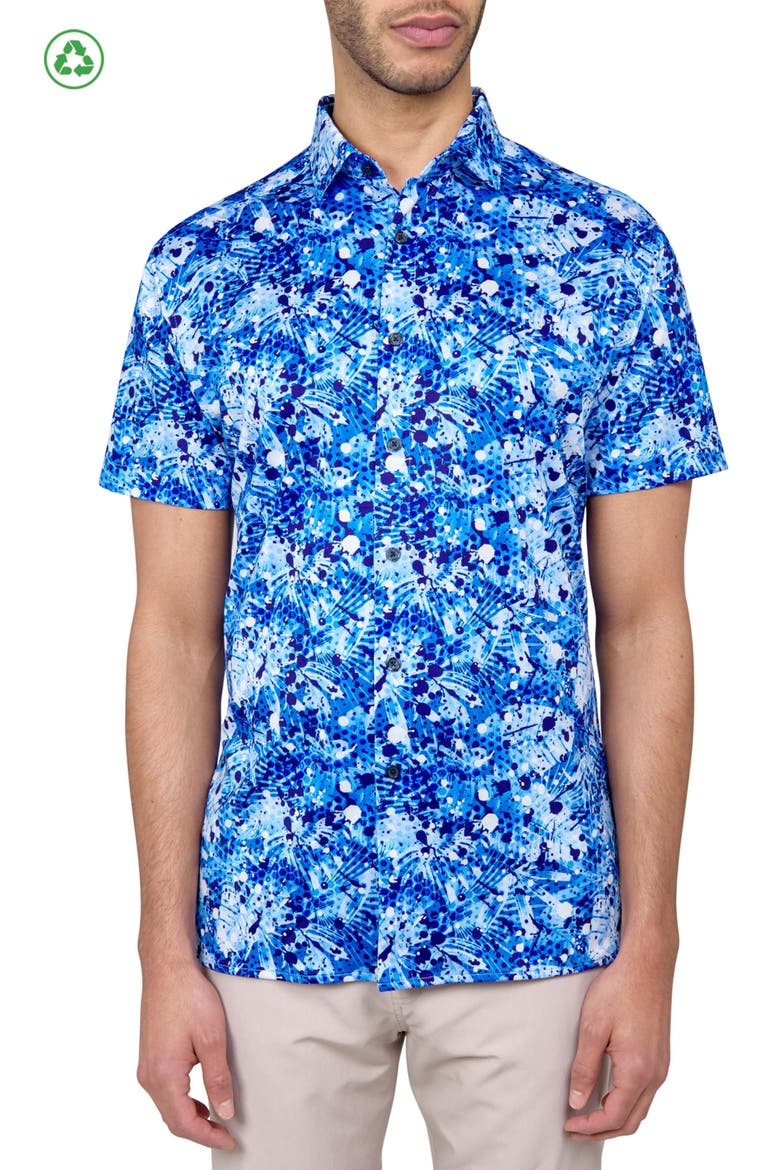 Regular Fit Palm Splatter Print Recycled Performance Golf Button-Down Shirt, Main, color, MULTI