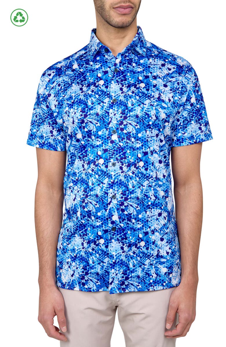 CONSTRUCT Regular Fit Palm Splatter Print Recycled Performance Golf Button-Down Shirt, Main, color, Multi
