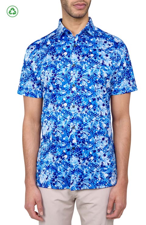Regular Fit Palm Splatter Print Recycled Performance Golf Button-Down Shirt