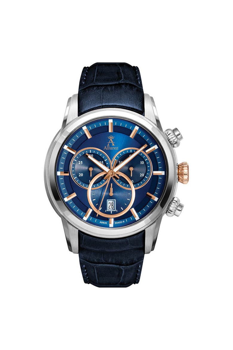 Men's Swiss Chronograph Blue Dial Luminous Leather Watch, Main, color, Blue