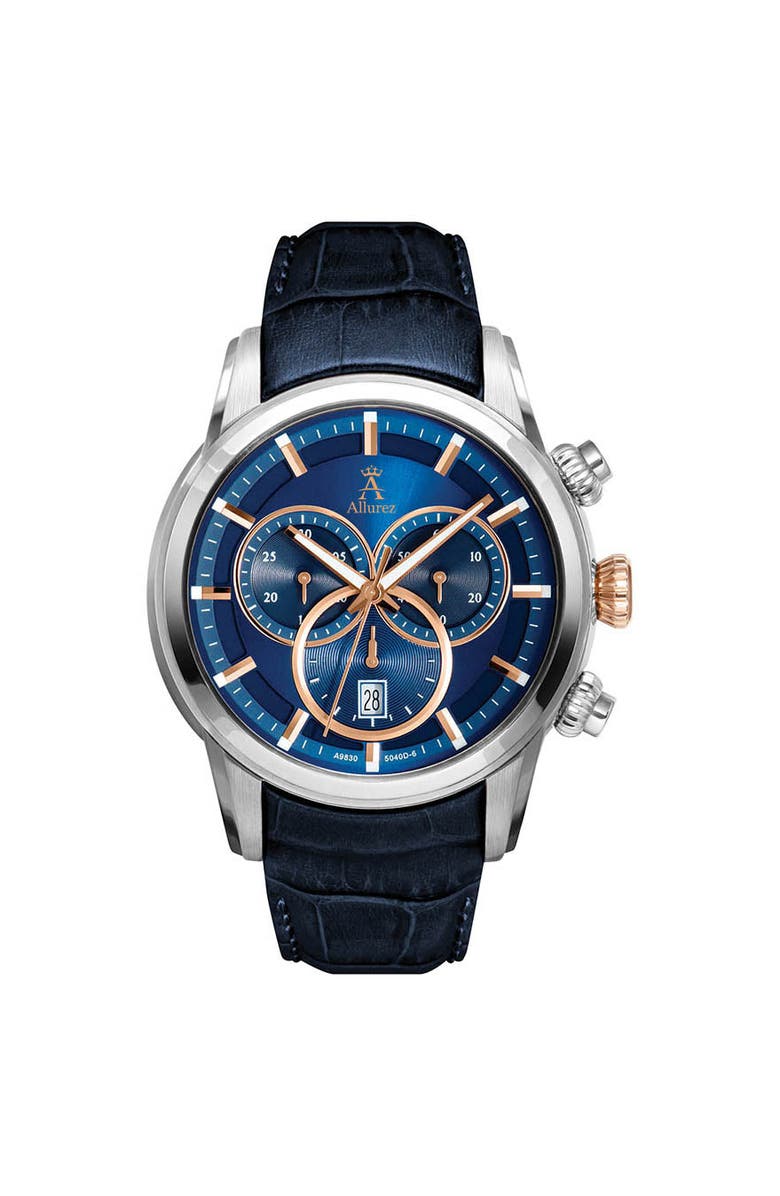 ALLUREZ Men's Swiss Chronograph Blue Dial Luminous Leather Watch, Main, color, Blue