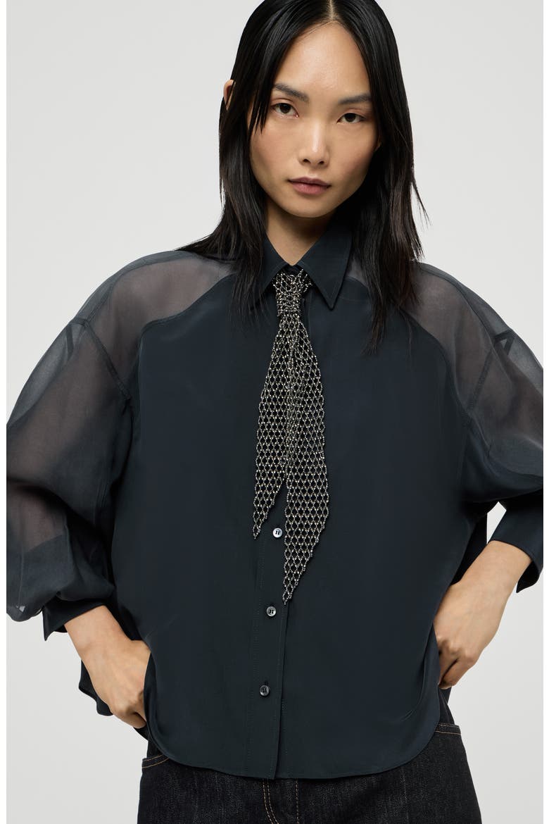 Silk crêpe de Chine paneled shirt with monili, Alternate, color, Blue