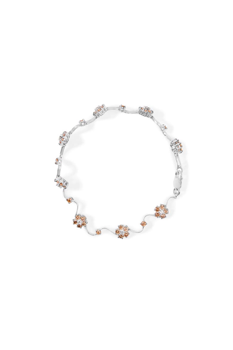 10K White Gold 4.0 Cttw Champagne Diamond Floral Cluster and Station Link Bracelet, Alternate, color, White