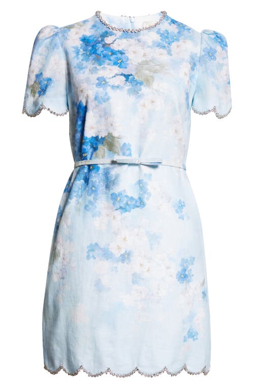 Shop Zimmermann Crystal Embellished Floral Scalloped Linen Minidress In Blue Floral